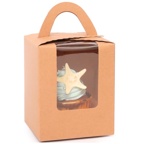 qiqee 60pcs Auto Pop-up Cupcake Boxes Individual Disposable Brown Single Box with Window 3.7"x3.7"x4.5" Cupcake Containers/Holders - color: Brown, size: 60Pcs, One Holder
