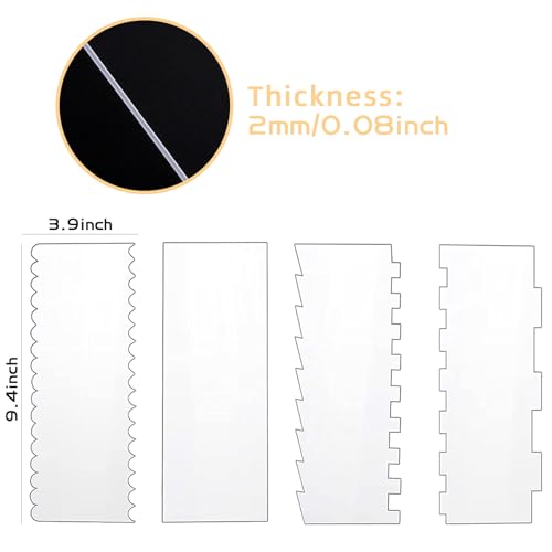 4 Pcs Cake Scraper Set Acrylic Cake Decorating Supplies Large Transparent Cake Smoother for Icing Perfect for Butter Cream Frosting with 7 Different Shapes Durable