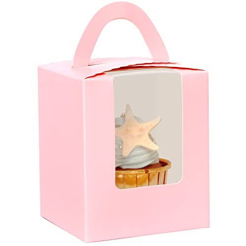 qiqee Auto Pop-up Pink Cupcake Boxes Individual 100 Packs Cupcake Holders Disposable Single Cupcake Boxes with Window 3.7"x3.7"x4.5" Cupcake Containers - color: Pink, size: 100Pcs, One Holder