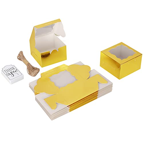 KPOSIYA 10pcs Small Cookie Boxes with Window, 4x4x2.5 Gold Bakery Box - color: Gold, size: 10