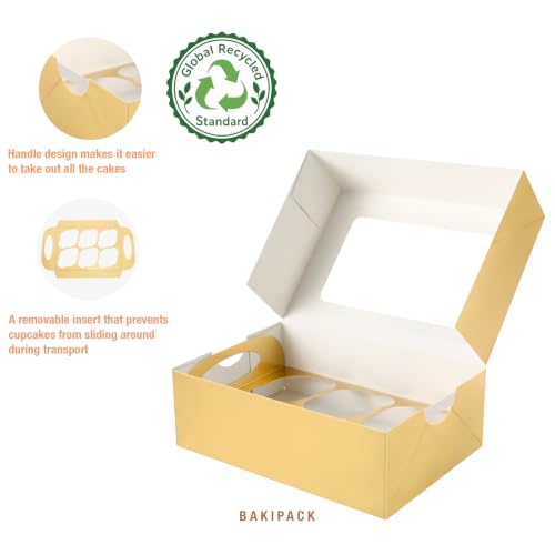 Cupcake Boxes, 4/6/8 Cupcake Containers with Window and Inserts, Cupcake Holders for Cupcakes, Muffins, Desserts, Pastries (Gold-6 count)