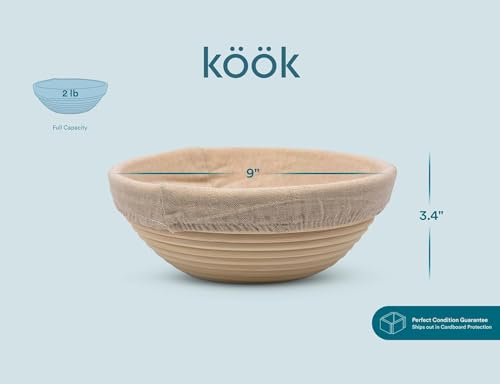 Kook Banneton Bread Proofing Set, Artisan Sourdough Bread Making Kit, 9 Inch Handwoven, Rattan Basket and Liner, Metal & Plastic Dough Scrapers, Scoring Lame & Case, 4 Extra Blades, Round - color: Round Shape