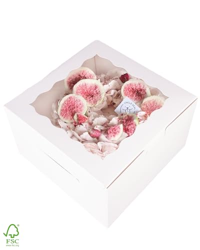 qiqee 10"x10"x5" Cake Box, 60 Sets White Cake Box with Window ＆ 60 Sets 10" White Cake Round Boards, for Cake, Treat Cookie Dessert, Pastry, Birthday Party, Weddings, 3 rolls of pink ribbons - color: White, size: 10"x10"x5", 60Pcs