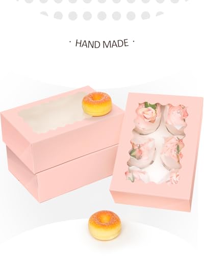 qiqee Pink Auto-pop up 6 Cupcake Boxes with Window 30 Packs Cupcake Box 9.4"x6.1"x3.3" Bakery Boxes For Cupcakes Carrier, Cupcake Containers - color: Pink, size: 6 Holder/30 Packs
