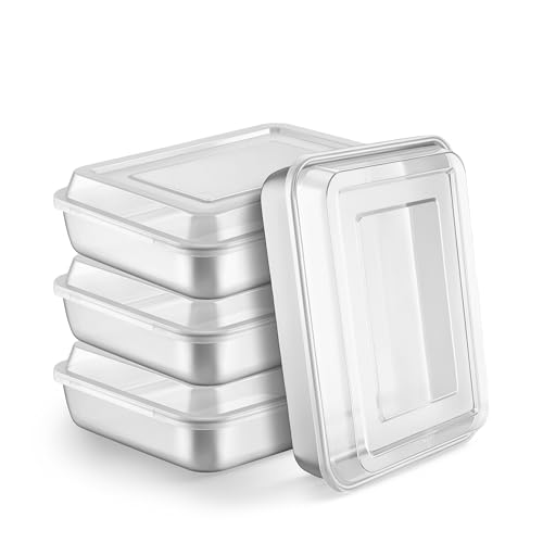 LIANYU 10 x 8 x 2 Inch Rectangular Baking Pan with Lid, 4 Pack Stainless Steel Sheet Cake Pan Set, Brownie Lasagna Bakeware for Kitchen Cooking, Dishwasher & Oven Safe (4 Pan +4 Lid) - size: 10.23 x 8 Inch
