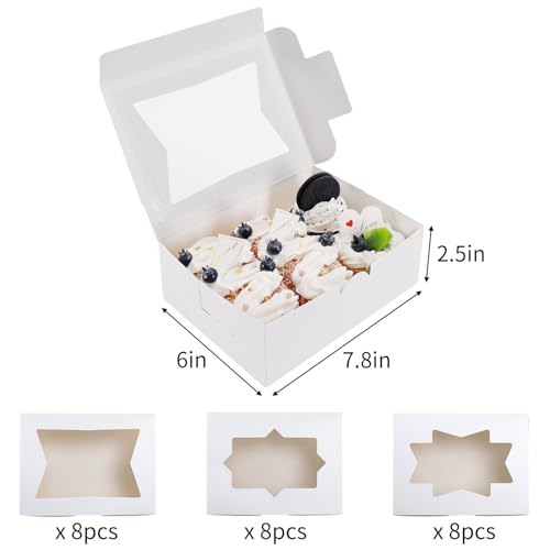 Moretoes 24pcs Bakery Boxes with 3 Styles Window, 8x6x2.5in Treat Boxes - size: 8x6x2.5inch