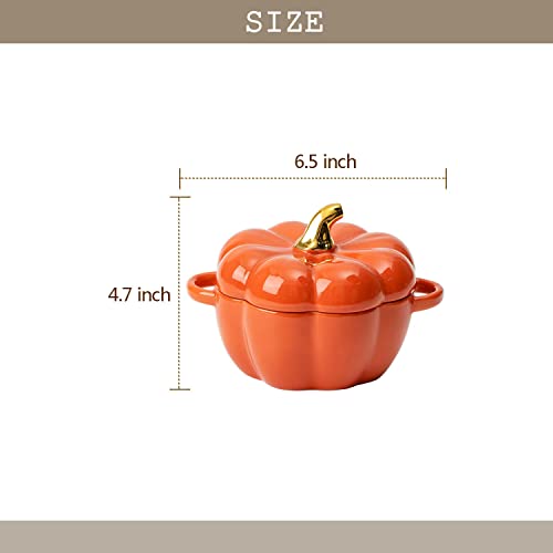 Pumpkin Bowl Set with Lid and Handle, Set of 2 Ceramic Ramekins for Baking, Casserole Dish Individual Severing Pot, Stoneware, Oven Safe, 14 Oz (Orange) - color: Orange