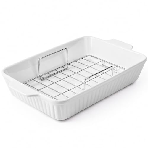 DOWAN 9x13'' Baking Dish with Handles Rack, Deep Ceramic Casserole Pan & Stainless Steel Roasting Rack for Oven, Chicken & Meat Resting, Ceramic Lasagna Pan, Dishwasher & Microwave Oven Safe-White - color: White