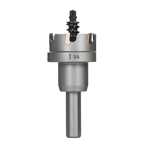 BLACK CANYON 1-1/4" Carbide Hole Cutter, 1-1/4 Inch Hole Saw, Carbide Tipped with 3-Flat Shank – Heavy Duty Spring-Loaded Pilot Bit for Metal & Stainless Steel - size: 1-1/4"