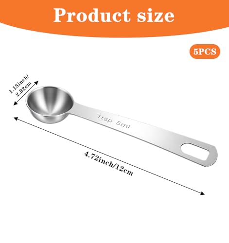 5PCS Teaspoons Measuring Spoon, 4.72 inch Stainless Steel 1 Tsp Measuring Spoon Set for Kitchen Ingredients (Silver, 5ml)