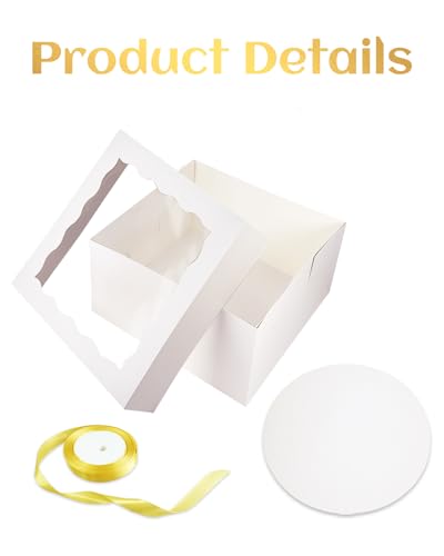qiqee 12x12x6 Cake Box, 18 Sets White Cake Box with Window ＆ 18 Sets 12" White Cake Round Boards, 12inch Cake Containers, 10 Meters Gold Silk Ribbon - color: White, size: 18 Sets /12x12x6