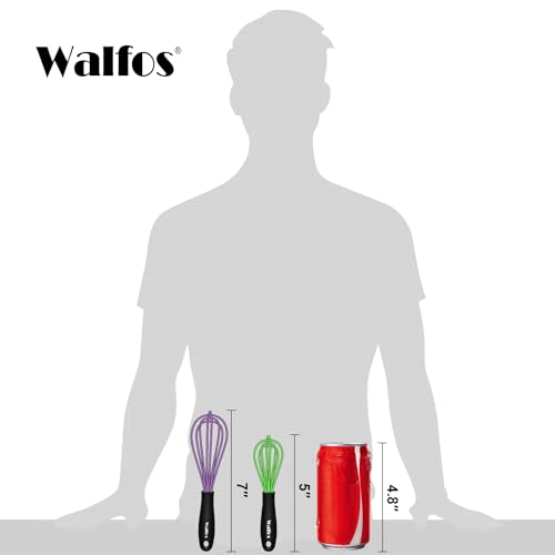Walfos Whisk,5+7Inch Mini Whisks,Silicone Non Scratch whisk,Heat Resistant(480°F) Small whisks Suitable for stirring individual eggs and mixing small amounts of powder and sauce. Purple & Green - color: 2pcs Purple+ Green; 5+7in