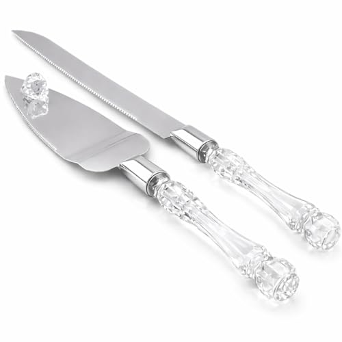 Adorox Elegant Cake Knife and Server Set - Stainless Steel with Crystal Handle - Perfect for Weddings & Anniversaries,and Special Celebrations (Sliver)