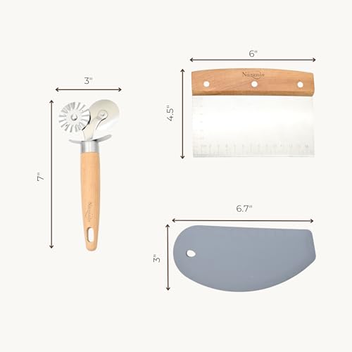 NAZANIN Baking Trio Set – Stainless Steel Dough Scraper with Beech Wood Handle, Pastry Cutter Wheel, and BPA-Free Silicone Bowl Scraper – Essential Bread, Pizza, Pastry, and Baking Tools
