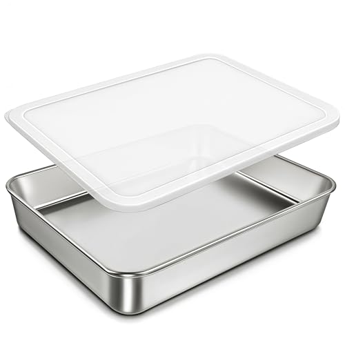 304 Stainless Steel Baking Pan with Lid, 12⅓ x 9¾ x 2 Inch Rectangle Sheet Cake Pans with Covers, Commercial Grade Bakeware for Cakes Brownies Casseroles, Non-toxic & Heavy Duty & Dishwasher Safe - size: 12.4" x 9.6"（1Pan+1Lid）
