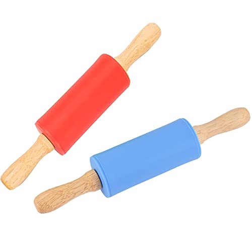 Mini Silicone Rolling Pin for Kids, Non-stick Surface Wood Handle, 9 Inch 2 Pack - color: Blue-Red, size: 2 PACK