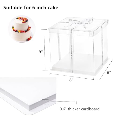 6 Pack Clear Cake Box, Transparent Cake Box for 2 Tiered Cake, 8x8x9Inch Tall Cake Carrier Box with Sturdy Board for Bakery Dessert Bread Pastry Birthday Parties Wedding Graduation