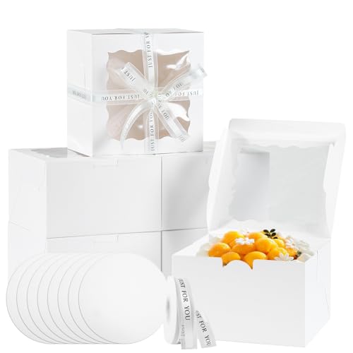 48PCS 9x9x5 Inches Cake Boxes with Window(24 Boxes &24 Boards) , White Bakery Dessert Boxes,Cajas Pasteles for Cake, Cake Carrier Container for Valentine's Day, Mother's Day, Birthday(9*9*5inch/24pcs) - size: White 9*9*5inch/24sets