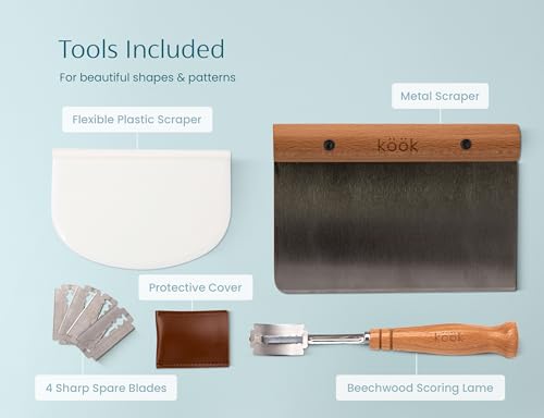 Kook Banneton Bread Proofing Set, Artisan Sourdough Bread Making Kit, 9 Inch Handwoven Rattan Baskets and Liners, Metal & Plastic Dough Scrapers, Scoring Lame & Case, 4 Extra Blades, Set of 2, Round - color: Round Deluxe Set