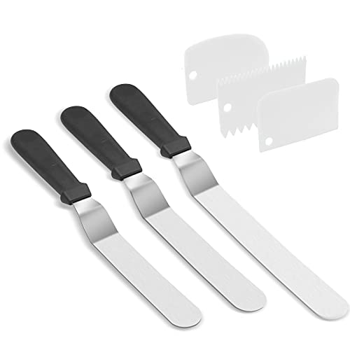 Stainless Steel Icing Spatulas Angled Cake Spatulas with 3 Cake Smoother Scrapers- Professional Frosting Offset Spatula Set with 6, 8, 10 inch Blades for Cake Decorating