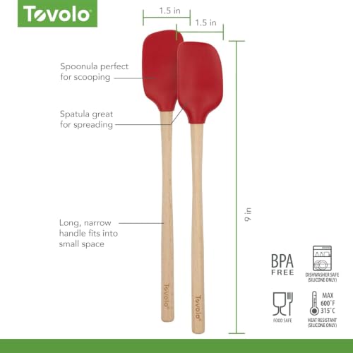 Tovolo Mini Spoon Spatula Wooden Handle Set for Cooking & Baking, Heat Resistant Safe for Cast Iron BPA Free Silicone Mixing Tool Natural Wood Perfect for Scraper Mixing Spooning, Cayenne Red - color: Cayenne