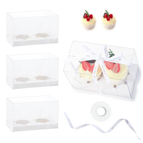 20 Packs 2 Count Clear Cupcake Boxes Cup Cake Holder Containers with Gift Ribbon Cookies Muffins Packaging for Party Baking Wedding plastic Cupcake Carrier for Treat Dessert