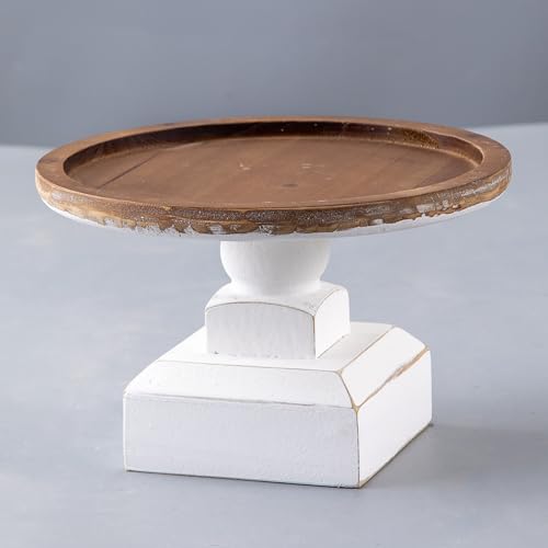 SOFE 9 Inches Round Wood Cake Stand, Rustic White Pedestal Stand