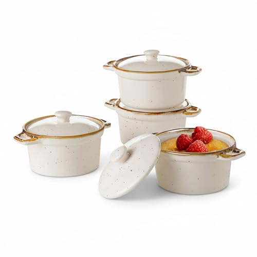 ONEMORE Mini Cocotte Set of 4, 6 oz Ceramic Ramekins with Lids and Handles, Small Casserole Dishes for Oven, Mini Dutch Oven for French Onion Soup, Souffle and Baking, Microwave & Dishwasher Safe, Creamy White - size: 6 oz