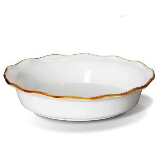 9 Inch Ceramic Pie Pan, Fluted Baking Dish with Brown Glaze Rim, Oven Safe - color: Creamy White, size: 9 inch