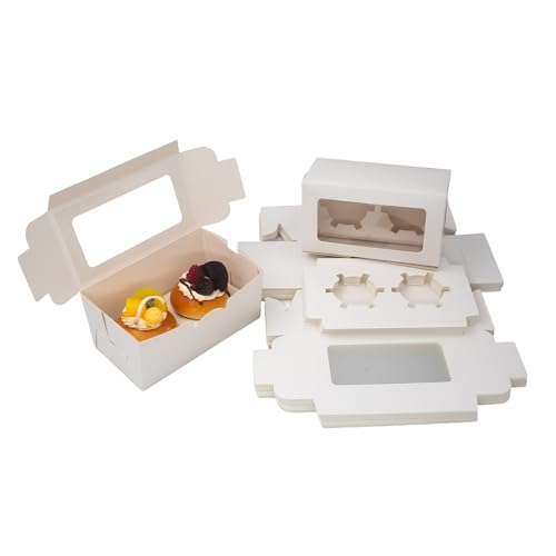 White Cupcake Boxes, Premium Sturdy Cupcake Carriers with Inserts and Clear Window Perfect for Cupcake Package and Presentation(Holds 2, Pack of 30) - size: 2-Cup, 30-Pack