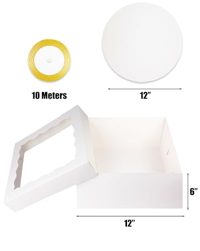 qiqee 12x12x6 Cake Box, 18 Sets White Cake Box with Window ＆ 18 Sets 12" White Cake Round Boards, 12inch Cake Containers, 10 Meters Gold Silk Ribbon - color: White, size: 18 Sets /12x12x6