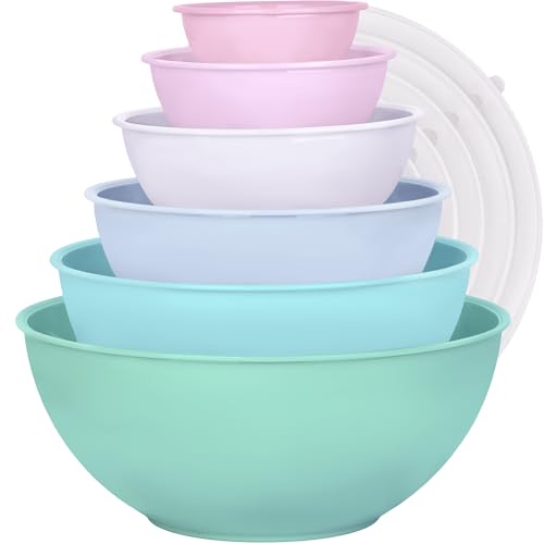 BoxedHome BPA Free Plastic Round Mixing Bowl with Lids, 12 Pack Nesting Bowls with Lids Set, Microwave and Dishwasher Safe Prep & Serving Bowls Great for Mixing, Baking, Serving (pinkish green, 12pcs) - color: Pinkish Green