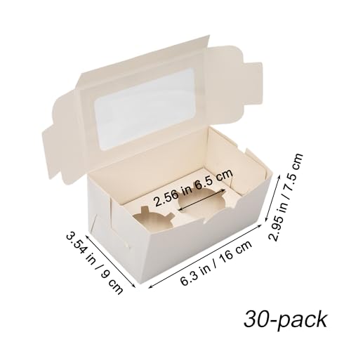 White Cupcake Boxes, Premium Sturdy Cupcake Carriers with Inserts and Clear Window Perfect for Cupcake Package and Presentation(Holds 2, Pack of 30) - size: 2-Cup, 30-Pack