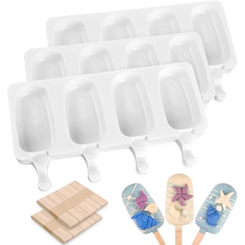 Sakolla 3 Pcs 4 Cavity Mini Popsicle Silicone Molds with 100 Wooden Sticks - size: 3 Pcs Mini - White