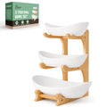SEVEN SPARTA Fruit Bowl for Kitchen Counter - 3 Tier Ceramic Serving Bowls with Bamboo Stand, Tiered Fruit Basket for Fruit Vegetable Storage, Cake, Dessert, Nuts, Snack, Salad (Dishwasher safe)