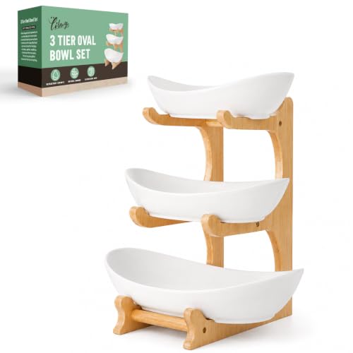 SEVEN SPARTA Fruit Bowl for Kitchen Counter - 3 Tier Ceramic Serving Bowls with Bamboo Stand, Tiered Fruit Basket for Fruit Vegetable Storage, Cake, Dessert, Nuts, Snack, Salad (Dishwasher safe)