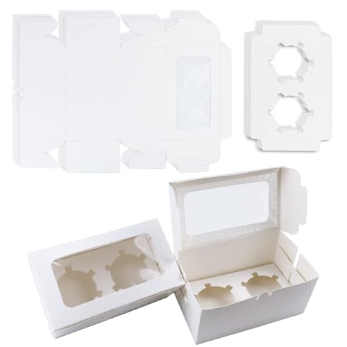 30 Pack White Paper Cupcake Boxes with 2 Cavity Cookie Gift Boxes with Clear Window 2 Treat Holder Cupcake Containers Bakery Cake Box for Birthday Party Holiday Bakery Supplies