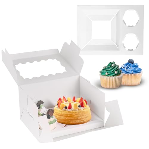 JCD 8 Packs Bento Cake and Cupcake Box 3 Holes Fit 2 Cupcakes and 1 Mini Cake Box with Clear Window and Stickers for Wedding Birthday Party Bakery Baking Supplies (1+2/8pcs) - size: White 1+2/8Pcs