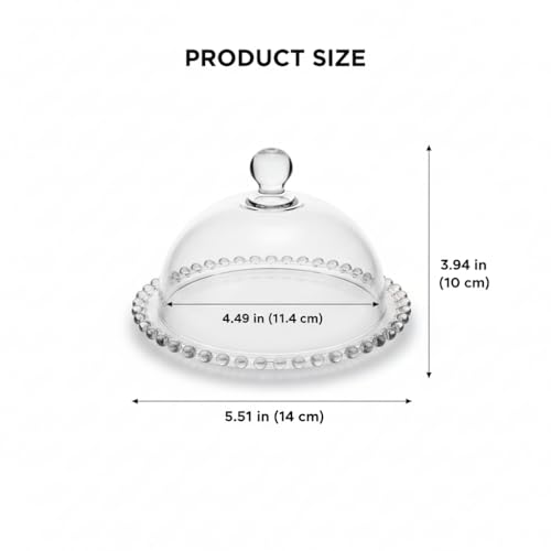 Clear Glass Mini Cake Stand with Dome, 4.5" Beaded Rim Dessert Display Plate for Cupcakes, Pastries, Cheese, Butter, and Table Decoration