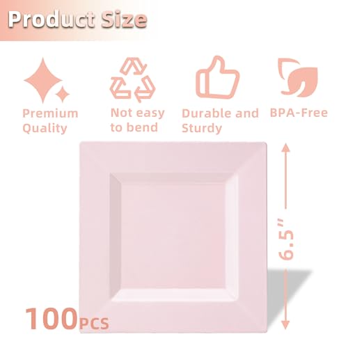 100 Pack Pink Plastic Square Dessert Plates, 6.5" Disposable Salad Plates - color: Pink