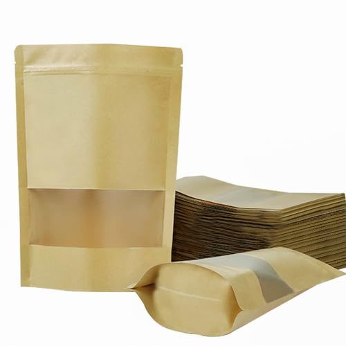 100 PCS Resealable Bags, Stand Up Kraft Paper Bags with Matte Window, Zipper Lock Food Storage Bags for Small Business and Home, 7.8x11.8 Inch Reusable Sealable Bags for Packaging - color: Yellow,7.87*11.81 inches
