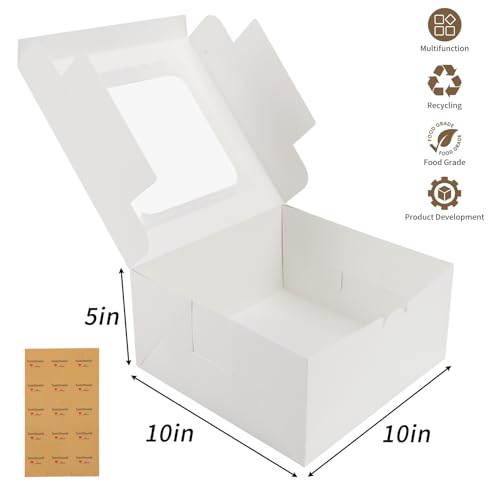 Moretoes 24pcs Cake Boxes, 10x10x5 Inches White Square Bakery Boxes with Window Cajas Pasteles for Cake, Mother's Day, Pastries, Chocolates, Cookies, Pie, Birthday Party, Wedding, Graduation - size: A-24pcs-10*10*5in