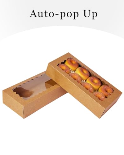 qiqee Auto-pop up Cookie Box with Window 12x5.5x2.5 Inch Brown 50Pcs Pastry Macaron Bakery Pie Box for Packaging - color: 12x5.5x2.5, 50Pcs, Brown