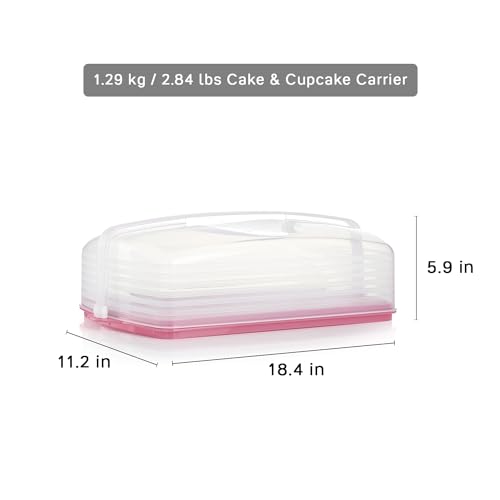 Tupperware, Rectangular Cake and Cupcake Carrier in Pink, Holds 18 Cupcakes