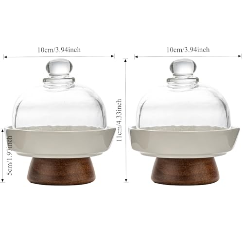Ceramic Mini Round Cake Stands, 3.9 x 3.9 x 4.3 in, Pair with White Plates, Clear Glass Domes and Acacia Wood Pedestal Bases, Covered Dessert Displays, for Wedding Parties, Birthdays and Afternoon Tea - color: 2 Sets 4 inch Mini ceramicGlass Dessert Dome