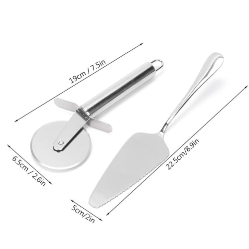 2Pcs Stainless Steel Pizza Cutter Wheel and Serving Spatula Set, Silver Kitchen Baking Pastry Cutting Tools for Pizza