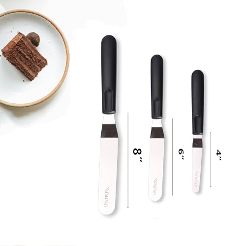 3-Piece Offset Spatula Set for Cake Decorating, 4 6 8 Inch Stainless Steel Icing Spatulas with Non-Slip Handles, Angled Frosting Palette Knives for Baking, Smoothing and Decorating - size: Black icing spatula 6, 8, 10 inch