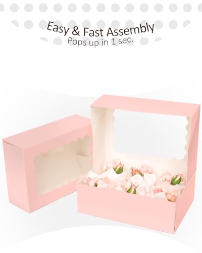 qiqee Pink Auto-pop up 6 Cupcake Boxes with Window 30 Packs Cupcake Box 9.4"x6.1"x3.3" Bakery Boxes For Cupcakes Carrier, Cupcake Containers - color: Pink, size: 6 Holder/30 Packs
