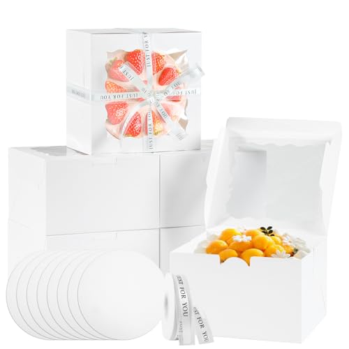 JCD 48pcs Cake Boxes 8x8x5in with Window,White 8 inch Cake Boxes with Boards for Pastries,Cupcakes,Cookies, Pie, Muffins and Donuts(24 Boxes &24 Boards & Stickers & ribbon) (8 * 8 * 5inch/24sets) - size: White 8*8*5inch/24sets