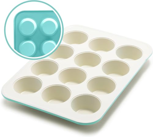 GreenLife 12-Cup Muffin Pan,PFAS-Free Healthy Nonstick Baking Tray,11.4" x 1.9" x 15.9",Durable Ceramic Bakeware,Cupcakes,Egg Bites,Tarts,Brownies,Turquoise,(Pack of 6) - color: Turquoise, size: 12 Cup Muffin Pan (Pack of 6)